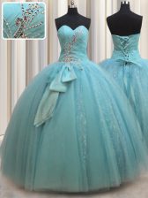 Smart Beading and Bowknot Ball Gown Prom Dress Aqua Blue Lace Up Sleeveless Floor Length
