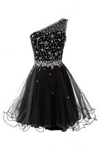 Low Price One Shoulder Mini Length Side Zipper Prom Dress Black for Prom and Party with Beading