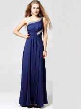 Charming Blue Column/Sheath Silk Like Satin One Shoulder Sleeveless Beading and Ruching Ankle Length Side Zipper Prom Party Dress