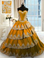  Brown Ball Gowns Taffeta Sweetheart Sleeveless Beading and Appliques and Ruffled Layers With Train Lace Up Quinceanera Dresses Court Train