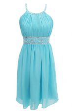 Perfect Aqua Blue Chiffon Criss Cross Halter Top Sleeveless Knee Length Homecoming Dress Beading