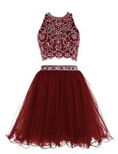 Scoop Burgundy Sleeveless Beading Mini Length Prom Evening Gown