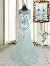 Customized Scoop Half Sleeves Tulle Homecoming Dress Beading and Lace Brush Train Zipper