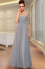 Extravagant Square Half Sleeves Chiffon Prom Gown Beading and Embroidery Side Zipper