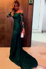  Mermaid Off the Shoulder Long Sleeves Sweep Train Lace Zipper Prom Evening Gown