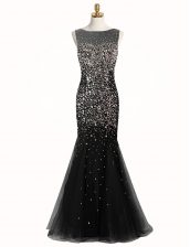  Black Mermaid Beading Prom Dresses Zipper Tulle Sleeveless Floor Length