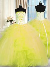  Tulle Strapless Sleeveless Lace Up Beading and Ruffles Quinceanera Gown in Yellow Green