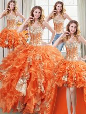 Stunning Four Piece Orange Ball Gowns Beading and Ruffles and Sequins Quinceanera Gown Lace Up Organza Sleeveless Floor Length