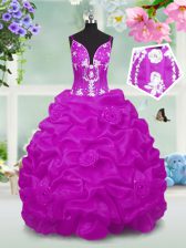  Fuchsia Kids Formal Wear Party and Wedding Party with Beading and Appliques and Pick Ups V-neck Sleeveless Lace Up