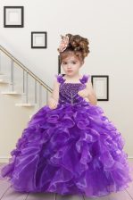  Purple Sleeveless Beading and Ruffles Floor Length Kids Pageant Dress