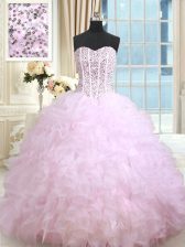 Fitting Floor Length Lace Up Vestidos de Quinceanera Lilac for Military Ball and Sweet 16 and Quinceanera with Beading and Ruffles and Ruffled Layers