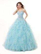 Exquisite Light Blue Organza Lace Up Quinceanera Gowns Sleeveless Floor Length Beading and Ruffles