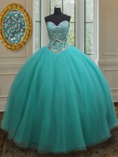 Suitable Floor Length Lace Up Quinceanera Gowns Turquoise for Military Ball and Sweet 16 and Quinceanera with Beading