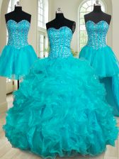 Glorious Four Piece Teal Ball Gowns Organza Sweetheart Sleeveless Beading and Ruffles Floor Length Lace Up Quinceanera Dress