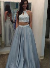 Fashion Silver Satin Backless Halter Top Sleeveless Floor Length Beading