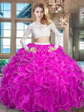 Superior Scoop Fuchsia Long Sleeves Floor Length Beading and Lace and Ruffles Zipper Quinceanera Dress