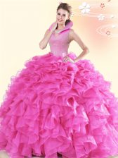  Hot Pink Organza Backless Quinceanera Gown Sleeveless Floor Length Beading and Ruffles