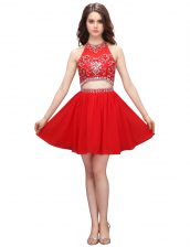 Eye-catching Coral Red Sleeveless Knee Length Beading and Appliques Zipper Homecoming Dress