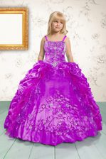 Inexpensive Sleeveless Floor Length Beading and Appliques and Pick Ups Lace Up Child Pageant Dress with Fuchsia