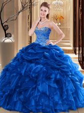 Sumptuous Royal Blue Organza Lace Up Sweet 16 Dresses Sleeveless Floor Length Beading and Pick Ups