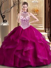 Inexpensive Halter Top Fuchsia Sleeveless Brush Train Beading and Ruffles With Train Quinceanera Gown