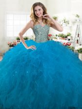  Teal Ball Gowns Beading and Ruffles Vestidos de Quinceanera Lace Up Tulle Sleeveless Floor Length