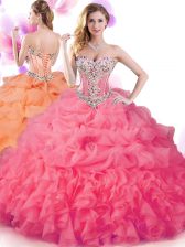 Popular Hot Pink Ball Gowns Beading and Ruffles and Pick Ups Ball Gown Prom Dress Lace Up Organza Sleeveless Floor Length