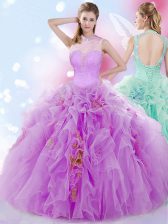 Gorgeous Halter Top Lilac Ball Gowns Beading and Ruffles 15th Birthday Dress Lace Up Tulle Sleeveless Floor Length