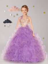 Pretty Halter Top Organza Sleeveless Floor Length Flower Girl Dress and Beading and Ruffles and Hand Made Flower