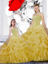 Affordable Yellow Lace Up Straps Beading and Ruffles and Pick Ups Quinceanera Dress Organza Sleeveless
