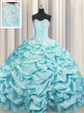 Colorful Brush Train Aqua Blue Sweetheart Lace Up Beading and Pick Ups Quinceanera Dresses Sweep Train Sleeveless