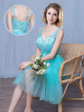  Aqua Blue Tulle Lace Up V-neck Sleeveless Knee Length Quinceanera Dama Dress Lace and Appliques and Bowknot