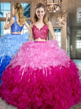 Romantic Multi-color Sleeveless Floor Length Lace and Ruffles Zipper Vestidos de Quinceanera