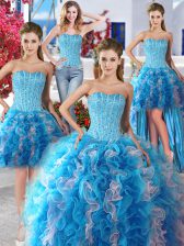 Artistic Four Piece White and Baby Blue Lace Up Sweetheart Beading Ball Gown Prom Dress Organza Sleeveless