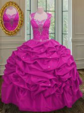 Chic Straps Beading and Pick Ups Quinceanera Gown Fuchsia Lace Up Cap Sleeves Floor Length