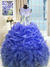  Organza Scoop Sleeveless Zipper Beading and Ruffles 15 Quinceanera Dress in Blue