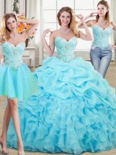  Three Piece Aqua Blue Ball Gowns Beading and Ruffles and Pick Ups Vestidos de Quinceanera Lace Up Organza Sleeveless Floor Length