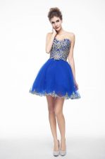 High Class Sleeveless Organza Mini Length Side Zipper Prom Party Dress in Royal Blue with Beading and Embroidery
