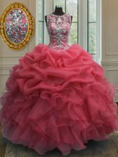 Excellent Scoop Pick Ups Floor Length Ball Gowns Sleeveless Coral Red Sweet 16 Dress Lace Up