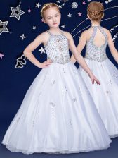  Halter Top White Zipper Flower Girl Dresses for Less Beading Sleeveless Floor Length
