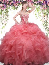Pretty Coral Red Lace Up Quinceanera Gowns Beading and Ruffles Sleeveless Floor Length