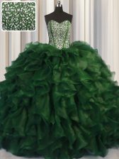 Sexy Visible Boning Bling-bling Sweetheart Sleeveless 15 Quinceanera Dress With Brush Train Beading Green Organza