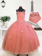  Watermelon Red Ball Gowns Tulle Spaghetti Straps Sleeveless Beading and Appliques Floor Length Zipper Little Girl Pageant Gowns