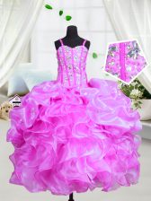 High Class Spaghetti Straps Sleeveless Lace Up Kids Formal Wear Purple Organza