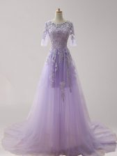 Stylish Tulle Scoop Half Sleeves Brush Train Zipper Appliques Prom Dress in Lavender