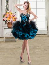 Fashionable Blue And Black Prom and Party with Beading and Ruffles and Hand Made Flower Sweetheart Sleeveless Lace Up