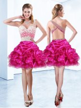  Organza One Shoulder Sleeveless Criss Cross Beading and Ruffles and Pick Ups in Fuchsia