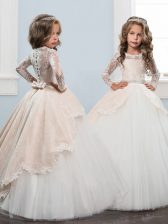  Scoop Long Sleeves Floor Length Beading and Lace and Bowknot Clasp Handle Kids Formal Wear with White and Champagne