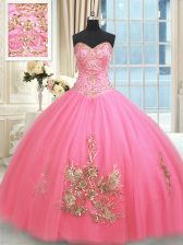 Fitting Rose Pink Ball Gowns Beading and Appliques and Embroidery Quinceanera Gowns Lace Up Tulle Sleeveless Floor Length