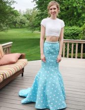  Blue Two Pieces Satin Scoop Sleeveless Beading Floor Length Zipper Prom Dresses